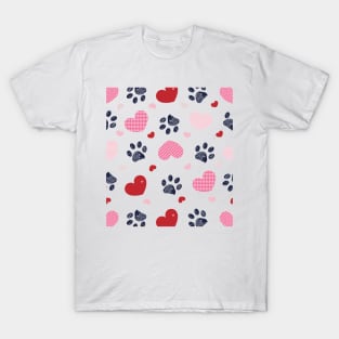 Plaid pink red hearts and doodle paw print T-Shirt